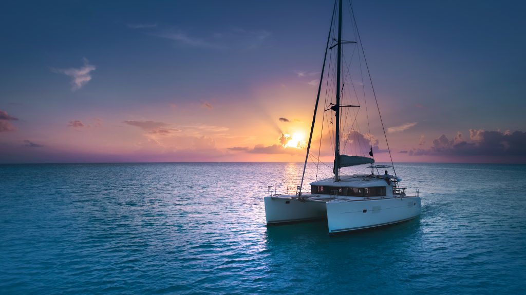 Catamaran sailing into the evening light
