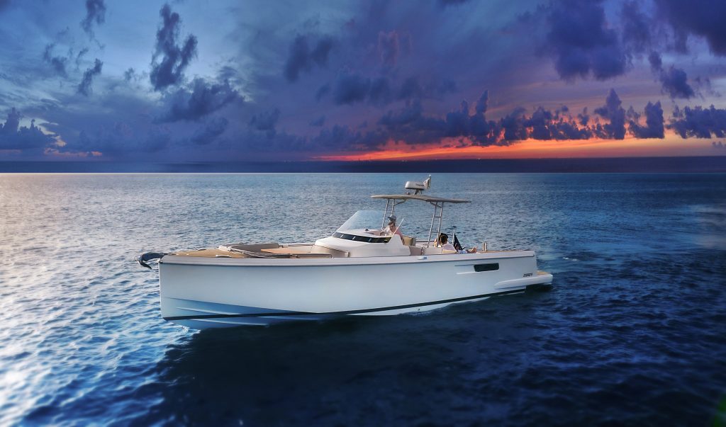 Private boat under a stormy purple sunset