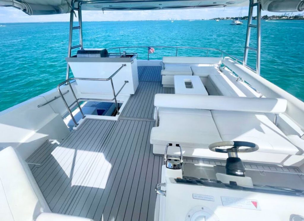Helm and lounge area of a catamaran