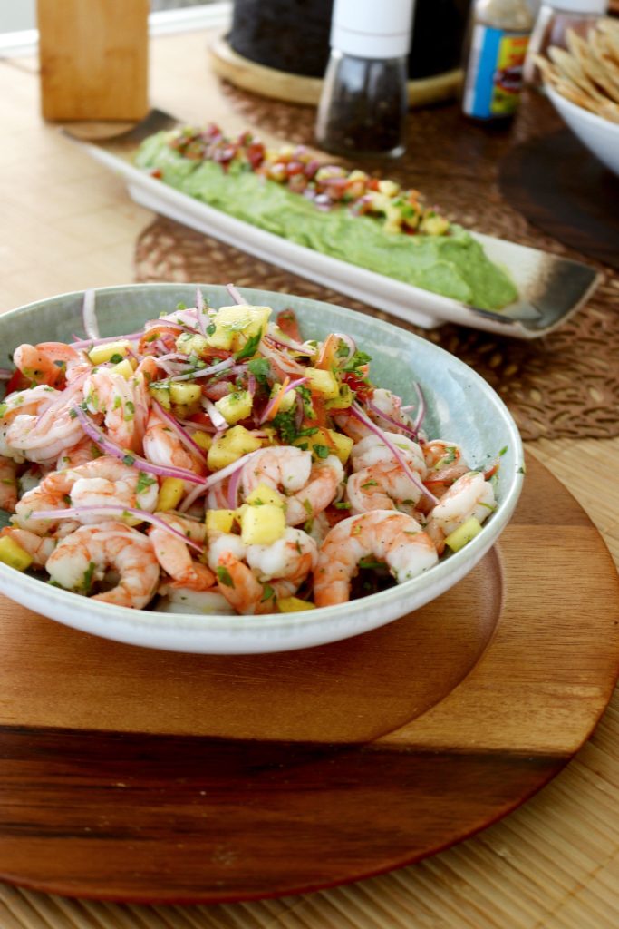 Fresh shrimp ceviche served on board