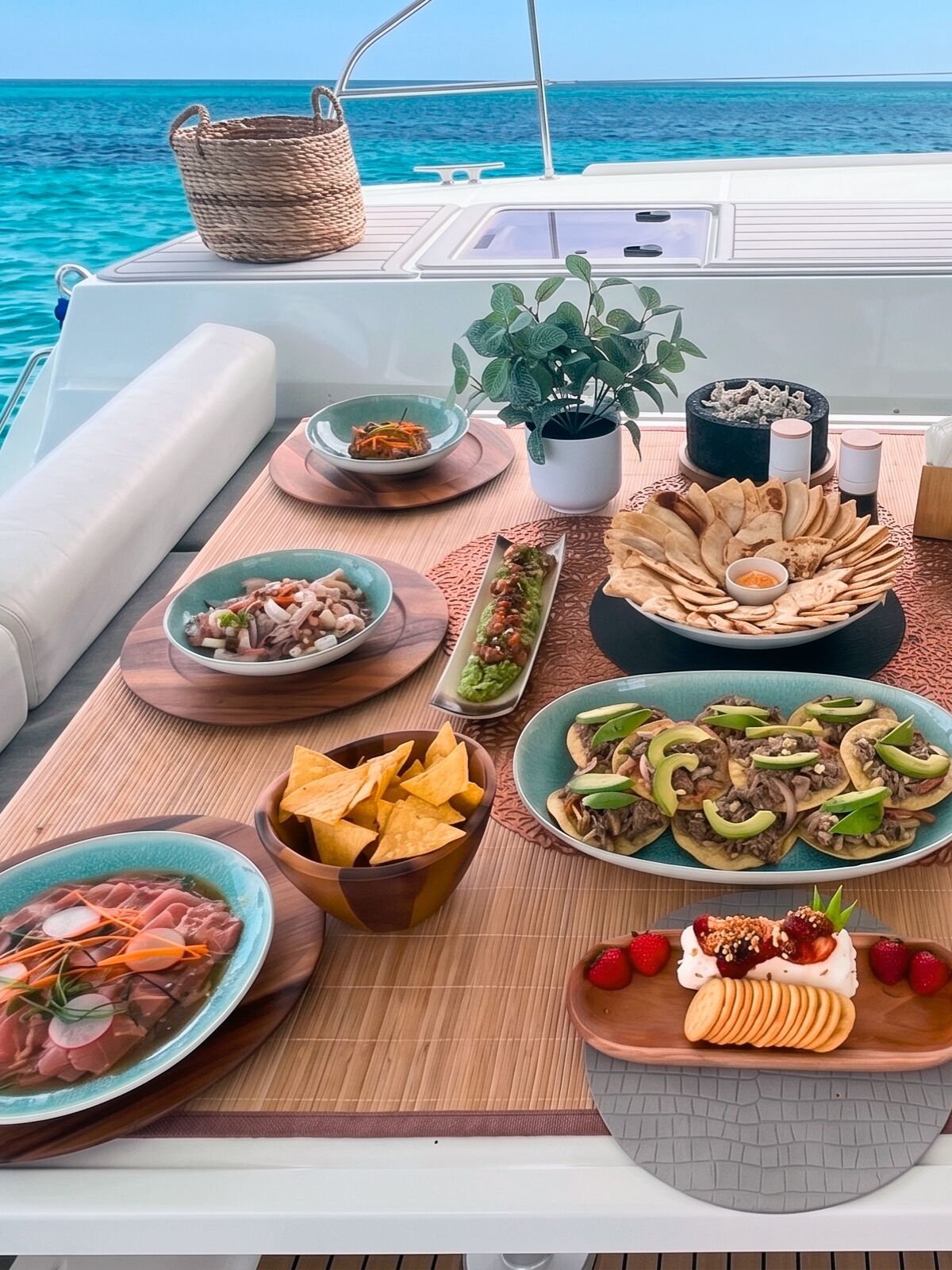 Ceviche, tostadas, guacamole and fruit served on the deck of a private catamaran
