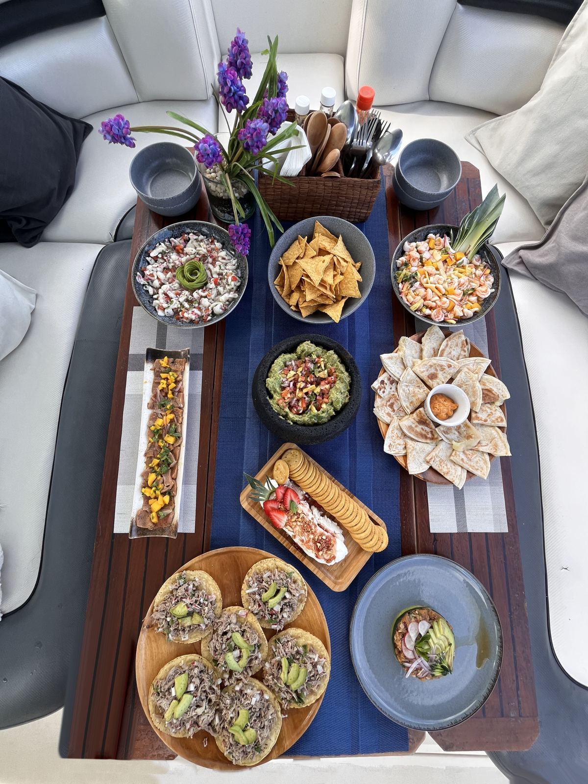 Ceviche, tacos and fruit served on the boat