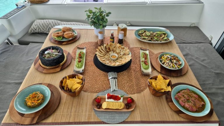 Food spread on the Leopard 51 Gitana table, Cozumel