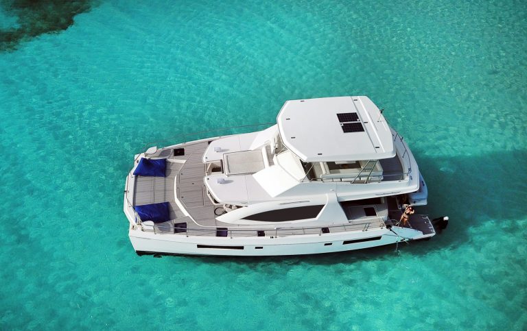 Aerial view of the Leopard 51 Gitana power catamaran in Cozumel