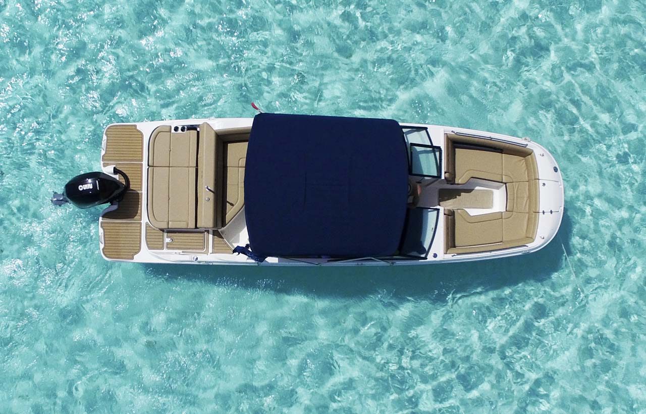 Aerial view of the Sea Ray 27 over turquoise water, Cozumel